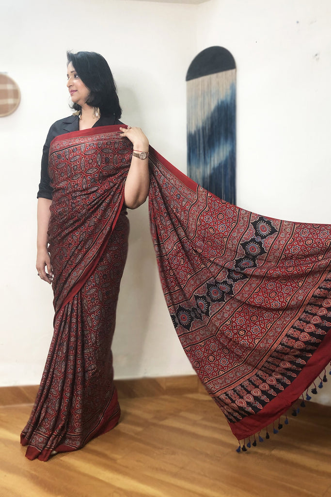 Red Ajrakh Hand Block Printed Natural Dye Modal Silk Ethnic Saree 
