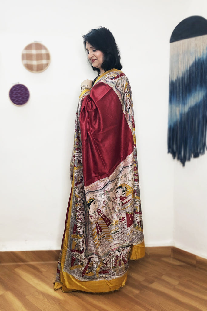 Red Mustard Madhubani Painted Pure Tussar Silk Saree- Festive Ethnic 