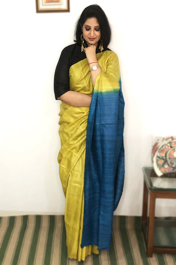 Yellow Blue Handloom Pure Tussar Ghicha Silk Saree-Smart Colour Block