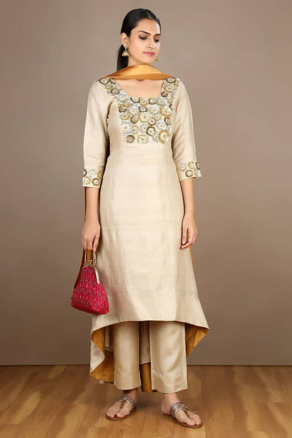 Tussar Silk Kurta Set- Asymmetrical, Festive, Sequin Embellished, Ethnic 