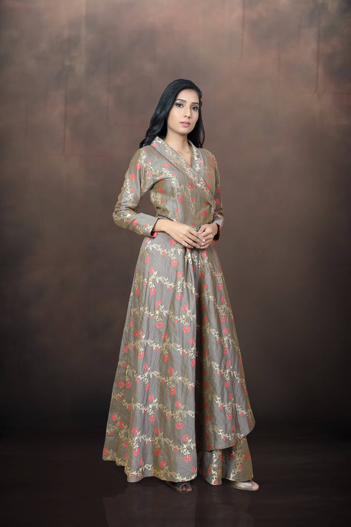 Taupe Banarasi Angarakha Asymmetric Gown for Wedding & Festive Wear 