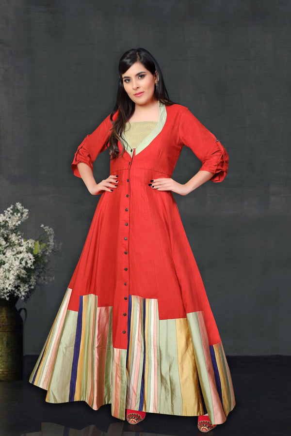 Red Tussar Anarkali with Banarsi Pant Top For Festive and Party Wear 