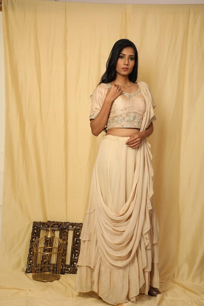Fusion Drape Saree- Ready To Wear- Pastel Ivory – Dharang
