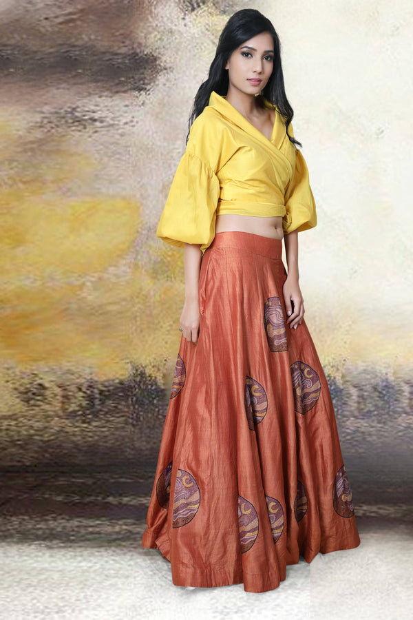 Sujani Rust Tussar Silk Fusion Lehenga & Yellow Shawl Collared Top 