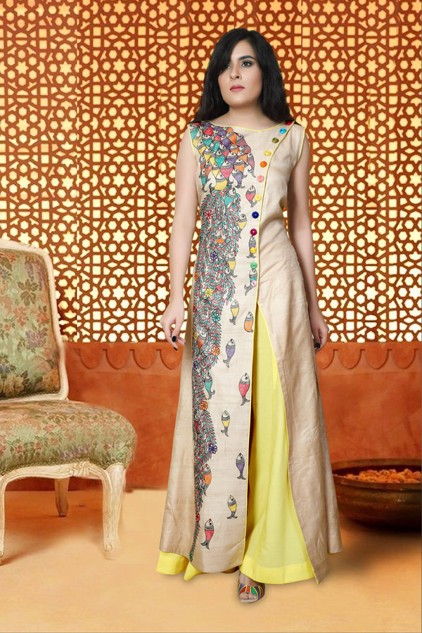 Madhubani Painted Tussar Silk Slit Tunic & Lemon Flared Palazzo Co-ord