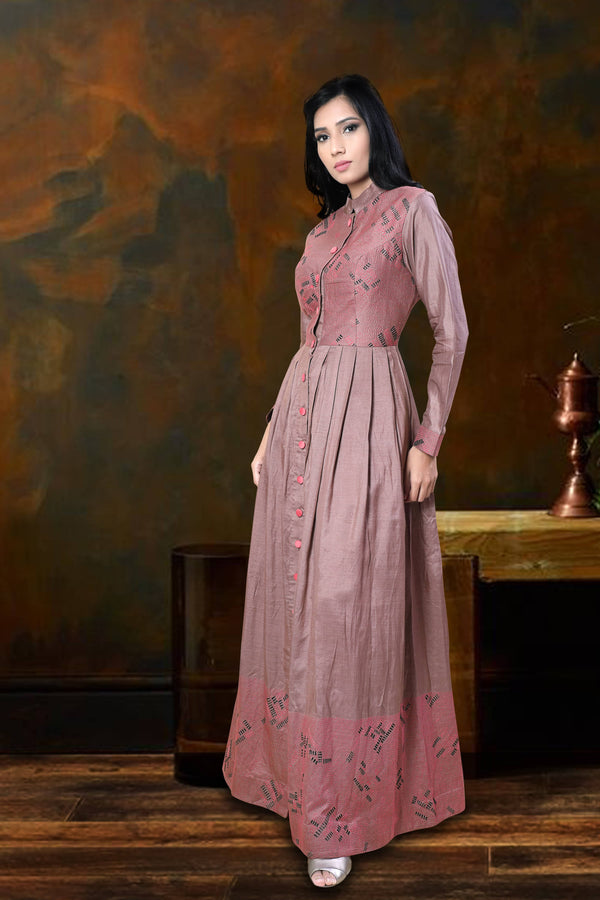 Taupe Collar Anarkali Pink Pant-Front Open Box Pleat-Smart Classy Look