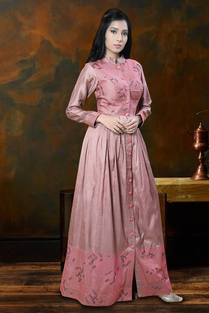 Taupe Collar Anarkali Pink Pant-Front Open Box Pleat-Smart Classy Look