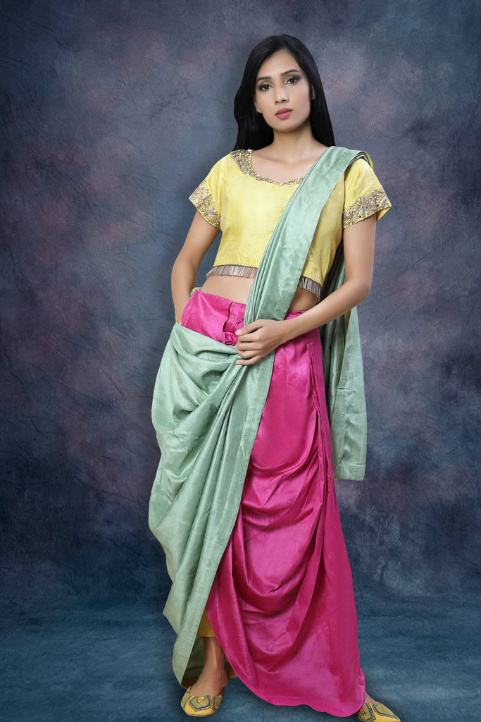 Pink Yellow Green Drape Pant Saree in Silk- Indo-Western Wear 
