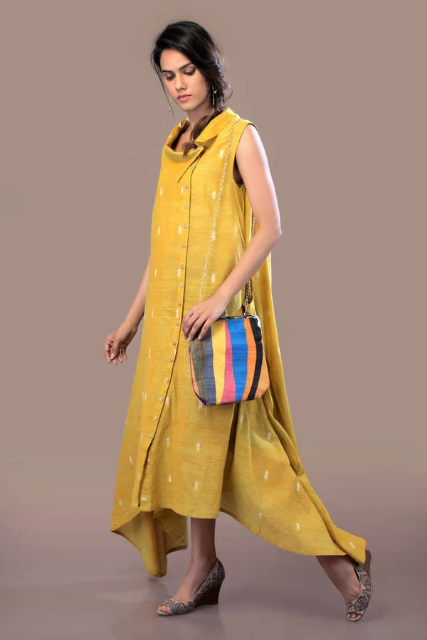 Mustard Handwoven & Jamdani Weaved Soft Mul Organic Dress