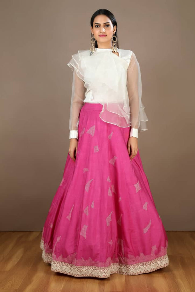 Sujani Crafted Pink Eri Silk Fusion Lehenga with White Ruffled Top 