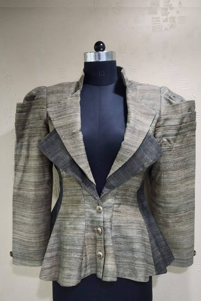 Mud Colour Dorukha Tussar Puffed Sleeve Jacket for Formal & Work Wear