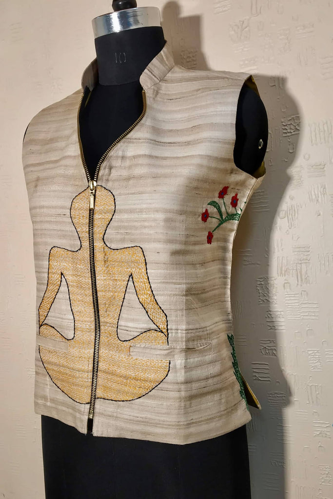 Honey coloured Tussar Silk Sujani Embroidered Sleeveless Jacket
