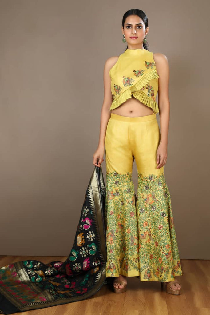 Madhubani Painted Yellow Tussar Silk Gharara Pant and Crop Top- Stylish
