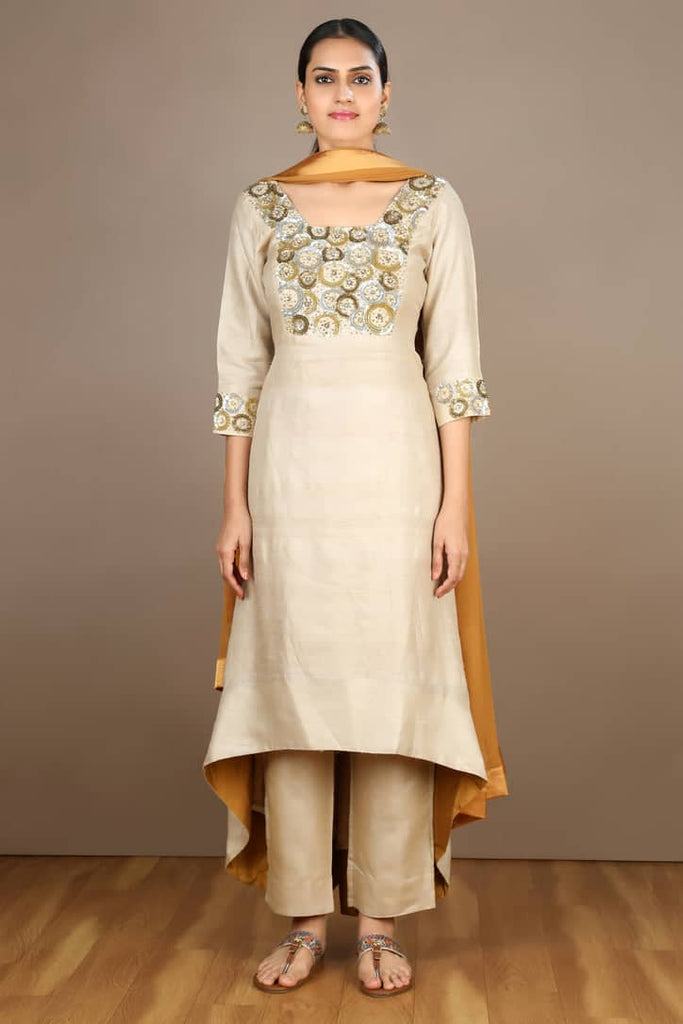 Tussar Silk Kurta Set- Asymmetrical, Festive, Sequin Embellished, Ethnic 