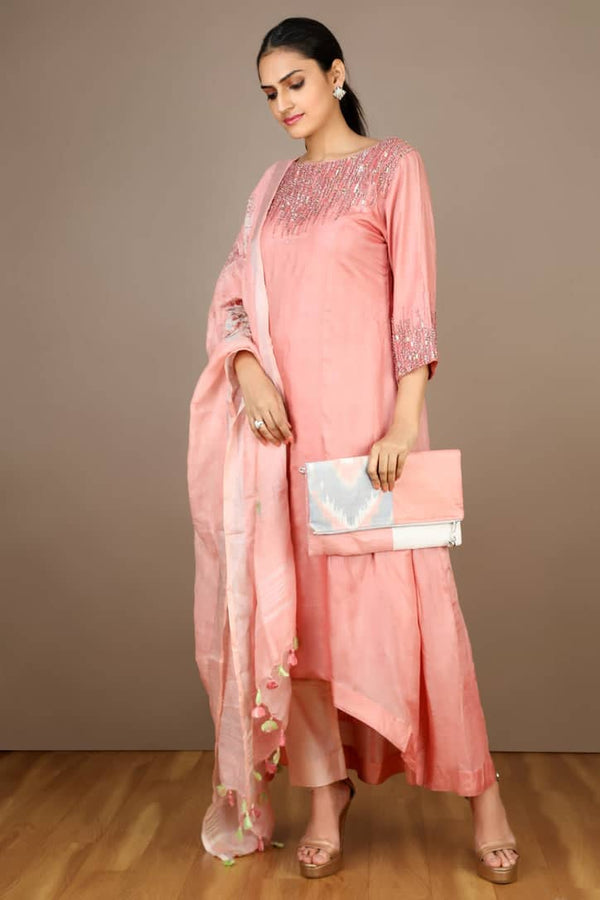 Pastel Pink Tussar Silk Asymmetric Kurta for Wedding Ethnic Festive