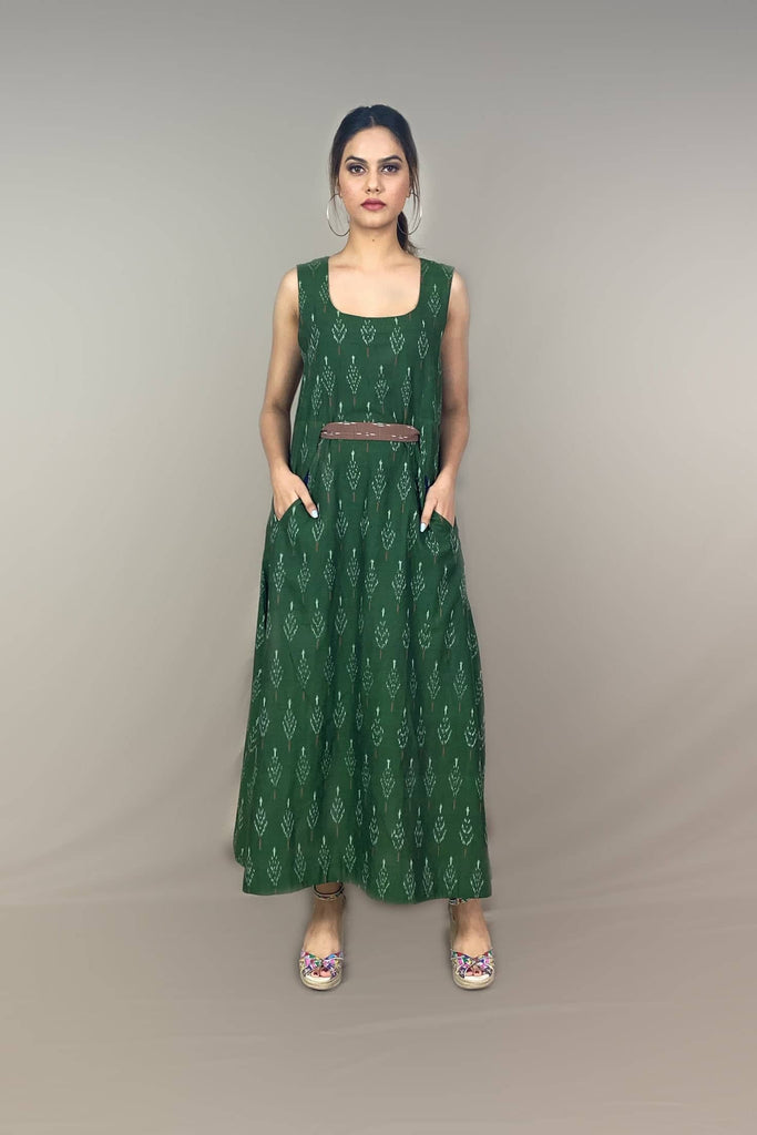 Henna Green Ikat Midi Dress- Natural Dye Handwoven Sustainable 