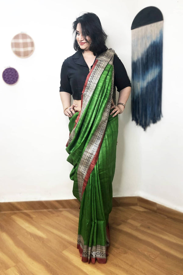 Tussar Silk Green & Rust Madhubani Painted Saree