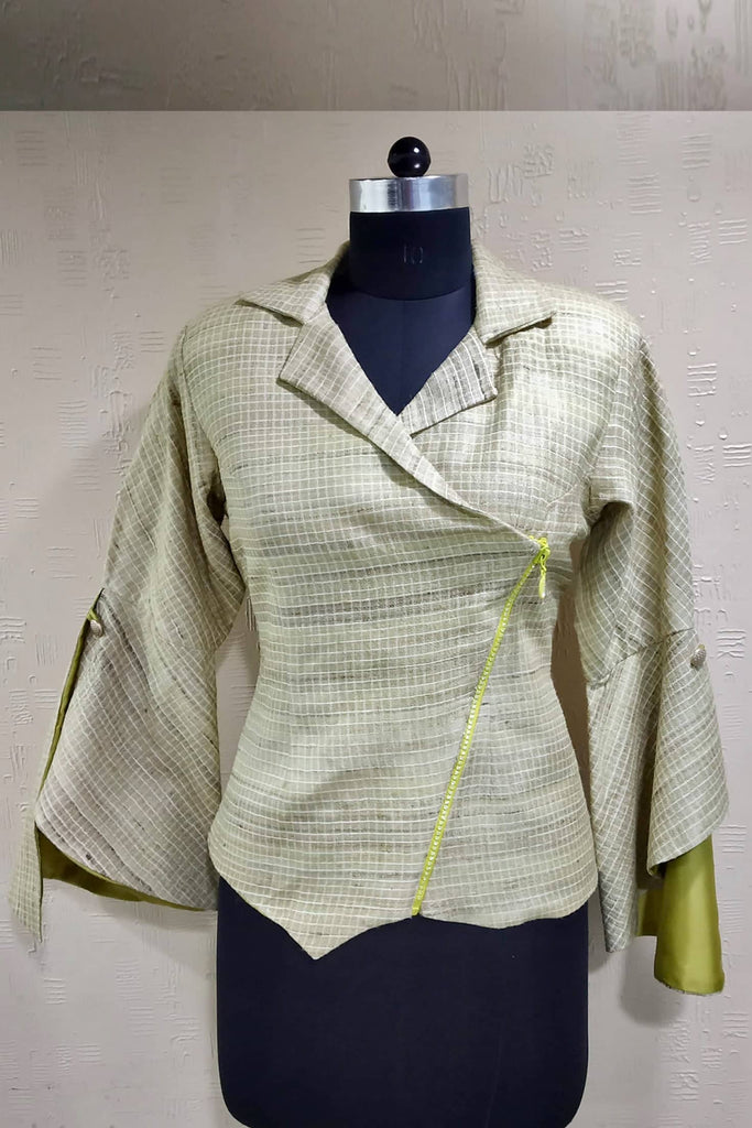 Stylish Bell Sleeve Golden Tussar Ghicha Silk Blazer Formal Jacket 