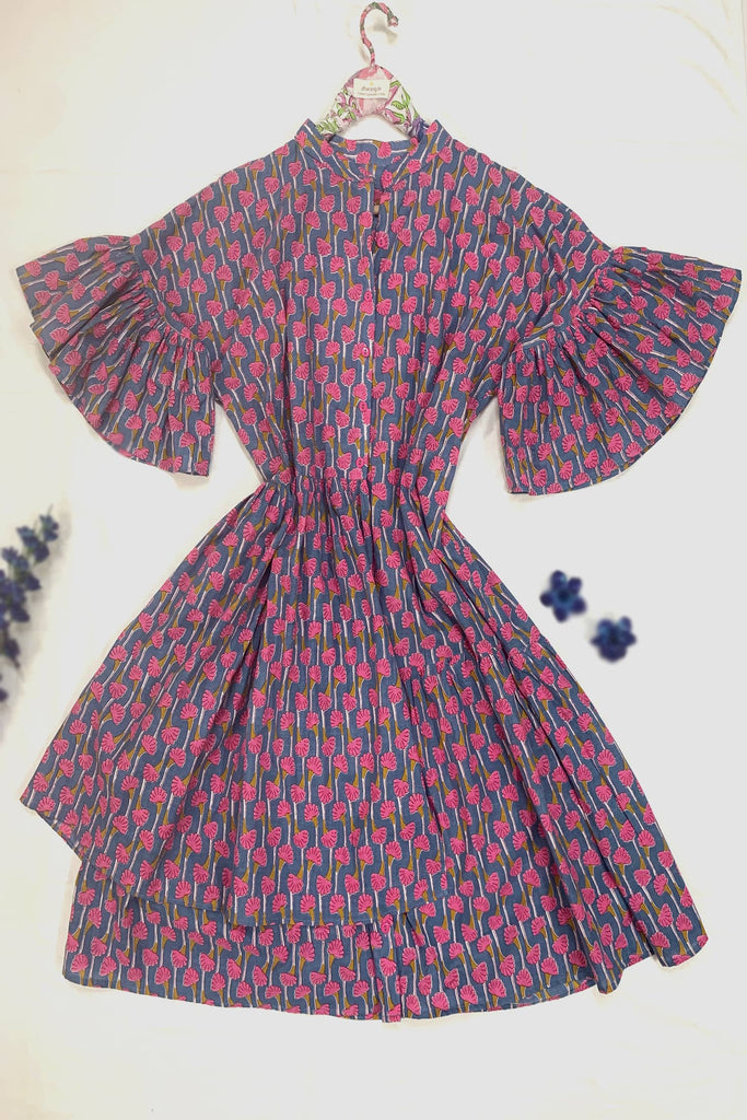 Bluish Grey Pink Dress-Summery Comfy Relax Fit-Stylish Layered Pattern