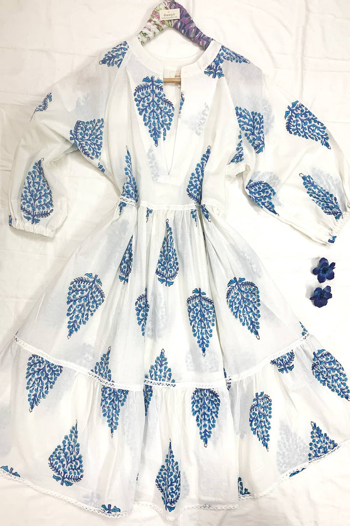 White Summer Tier Floral Dress-Hand Block Printed-Office & Day Wear