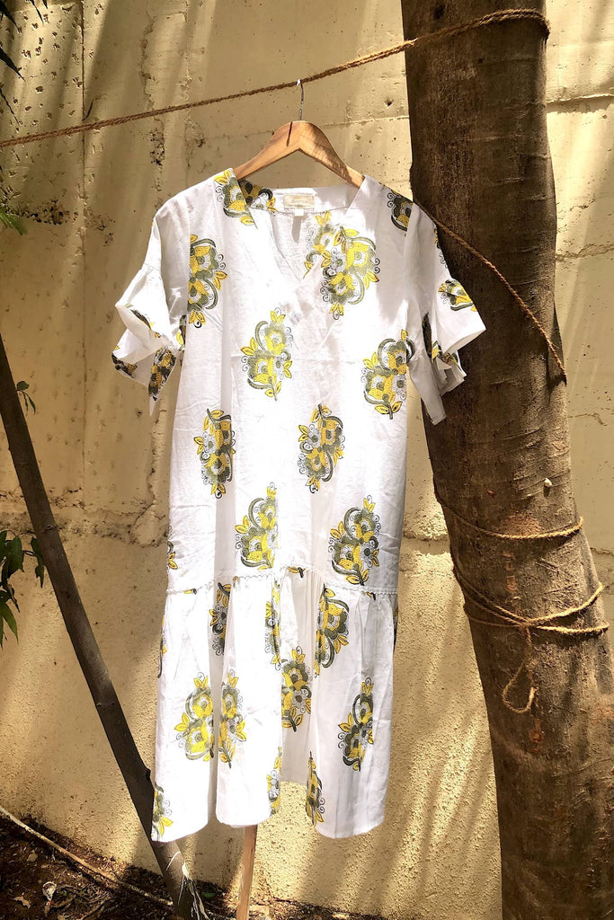 White Floral Comfy Fit Summery Cotton Tier Dress- Hand Block Printed