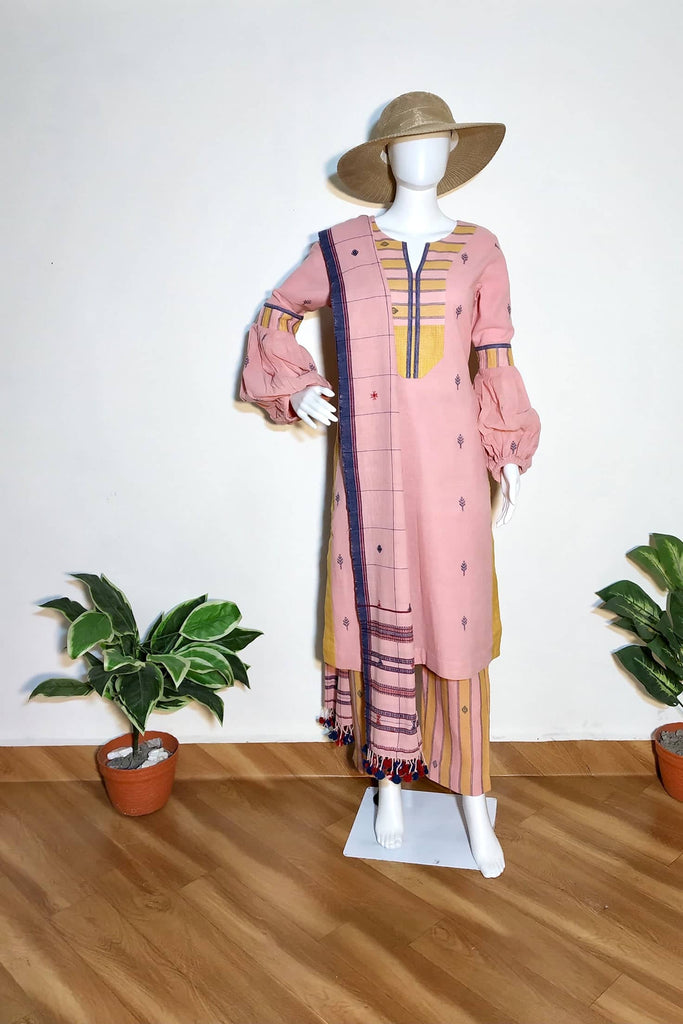Organic Kala Cotton Pink Kurta Pant Dupatta set-Formal Office Wear 