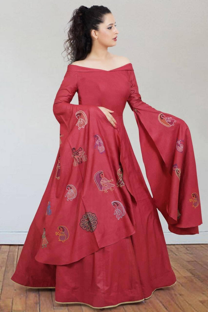 Garnet Maroon Silk Gown-Off-shoulder Flared-For Party & Festive Events