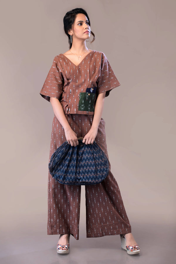 Brown Handwoven Ikat Top & Regular Fitted Pant For Work & Brunches