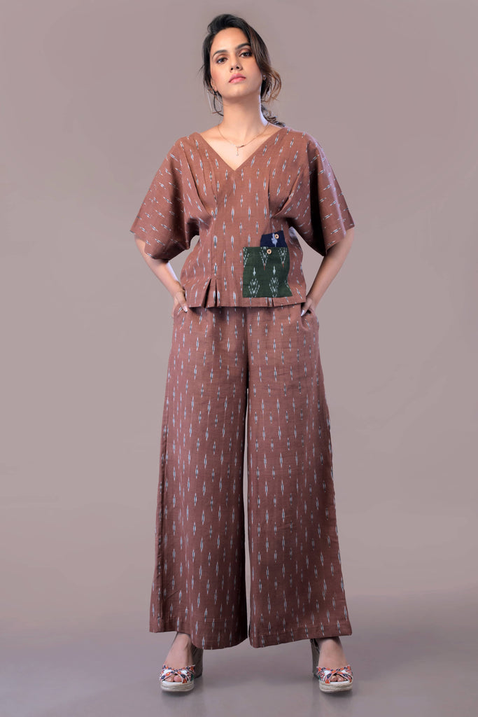 Brown Handwoven Ikat Top & Regular Fitted Pant For Work & Brunches