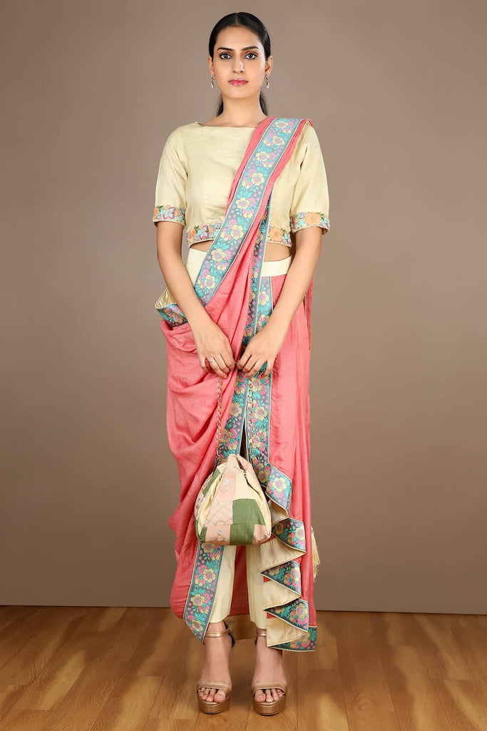 Pink Munga Silk Drape Saree with Blouse- Ready To Wear- Party Wear