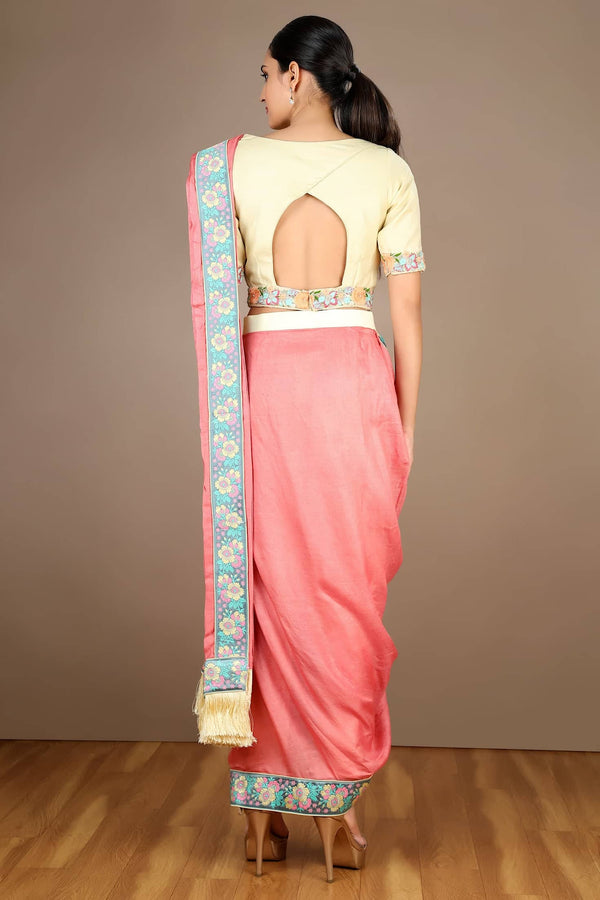 Pink Munga Silk Drape Saree with Blouse- Ready To Wear- Party Wear