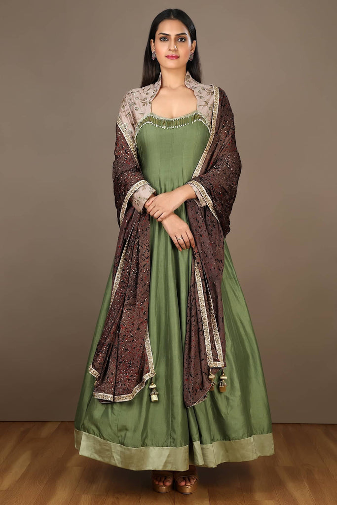Tussar Eri Silk with Embellished Shoulder Bodice Gown in Olive Green 