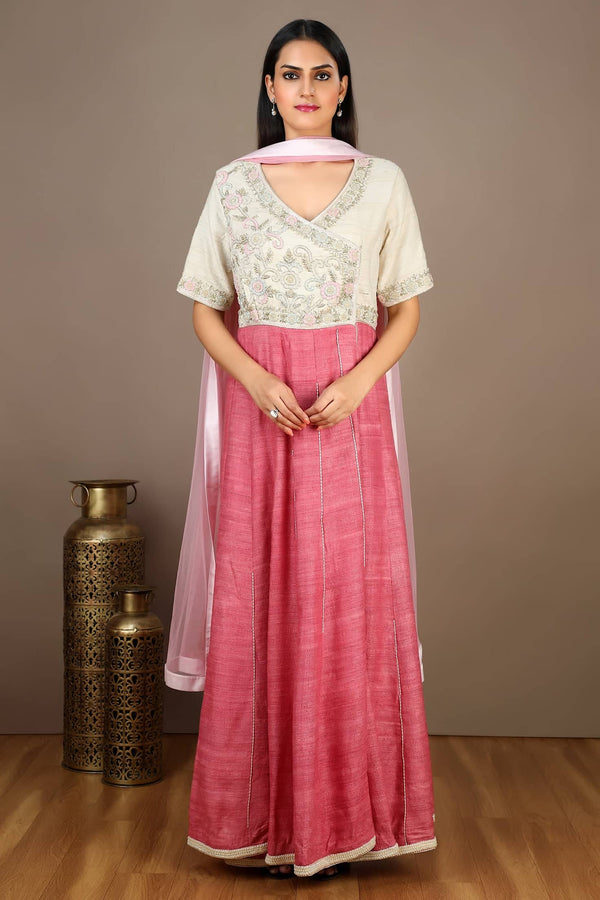 Tussar Silk Embellished Wedding Angarakha Set in Cream & Pink- Ethnic 