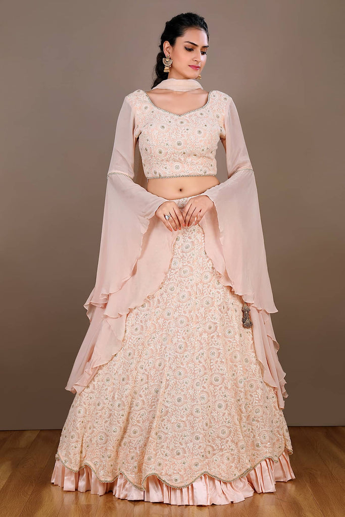 Peach Lucknowi Lehenga with Flared Sleeves for Wedding & Festive Party