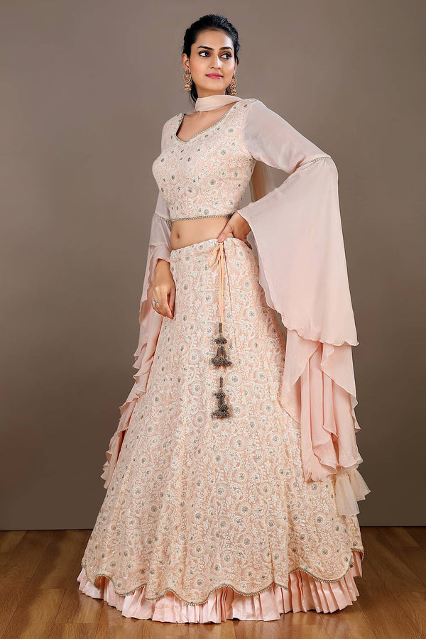 Peach Lucknowi Lehenga with Flared Sleeves for Wedding & Festive Party