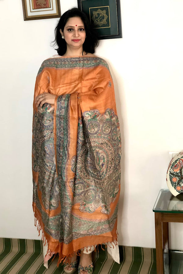 Orange Madhubani Painted Tussar Silk Tassel Dupatta with Peacock Motif