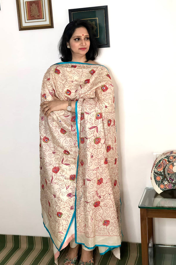 Ivory Kantha and Sujani Embroidered Tussar Silk Floral Dupatta Shawl 