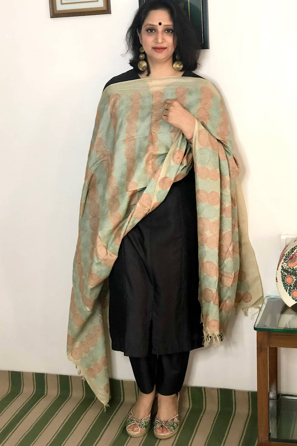 Beige Sujani Hand Embroidered Pure Tussar Silk Dupatta