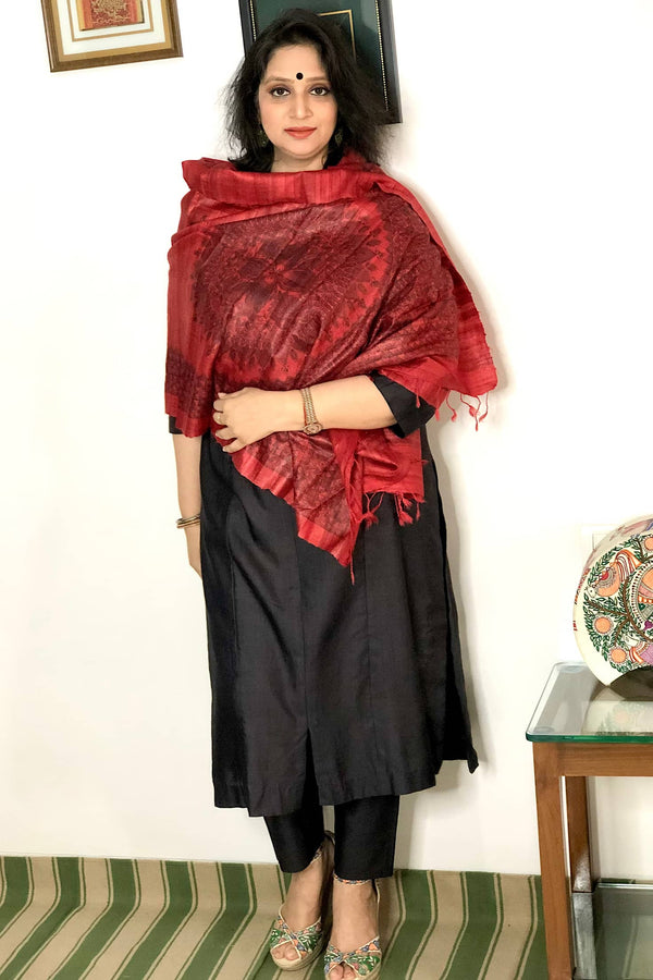 Maroon Madhubani Painted Tussar Ghicha Silk Stole- Formal and Festive 