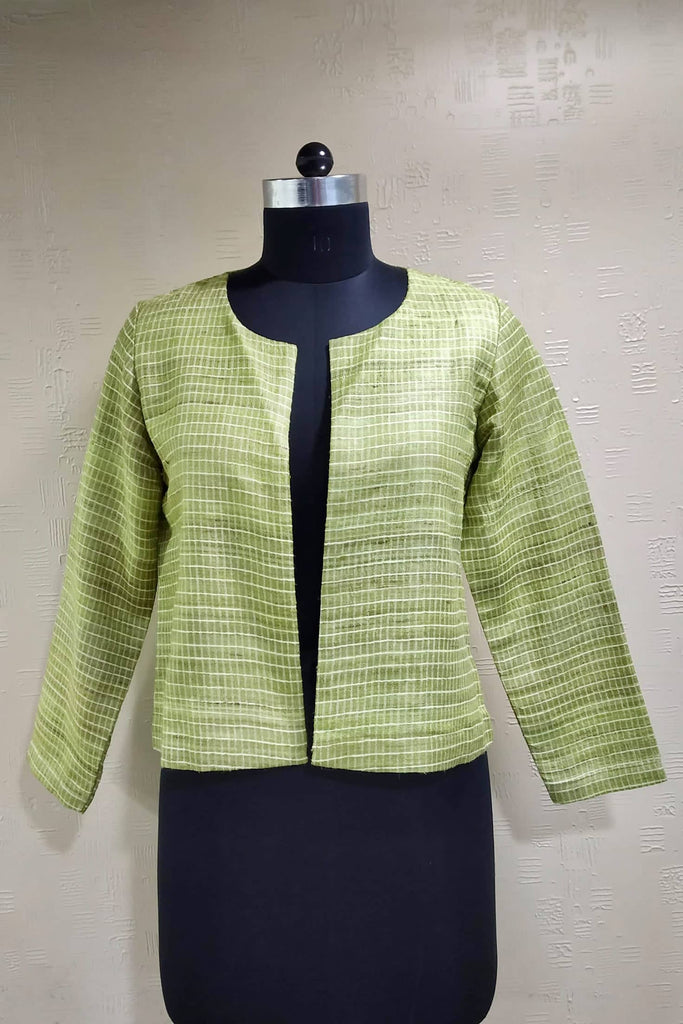 Lime Green Handloom Ghicha Silk Jacket for Smart & Resort Wear 