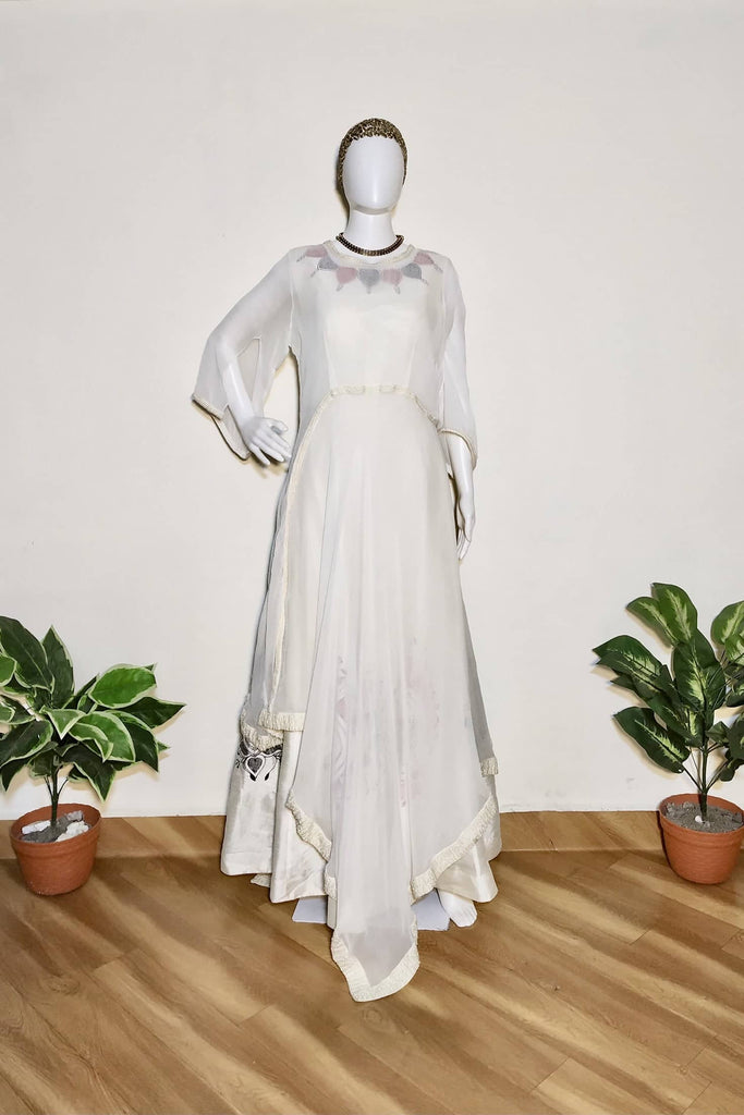  Georgette Tunic with Off-white Madhubani Painted Gown on Textured Silk