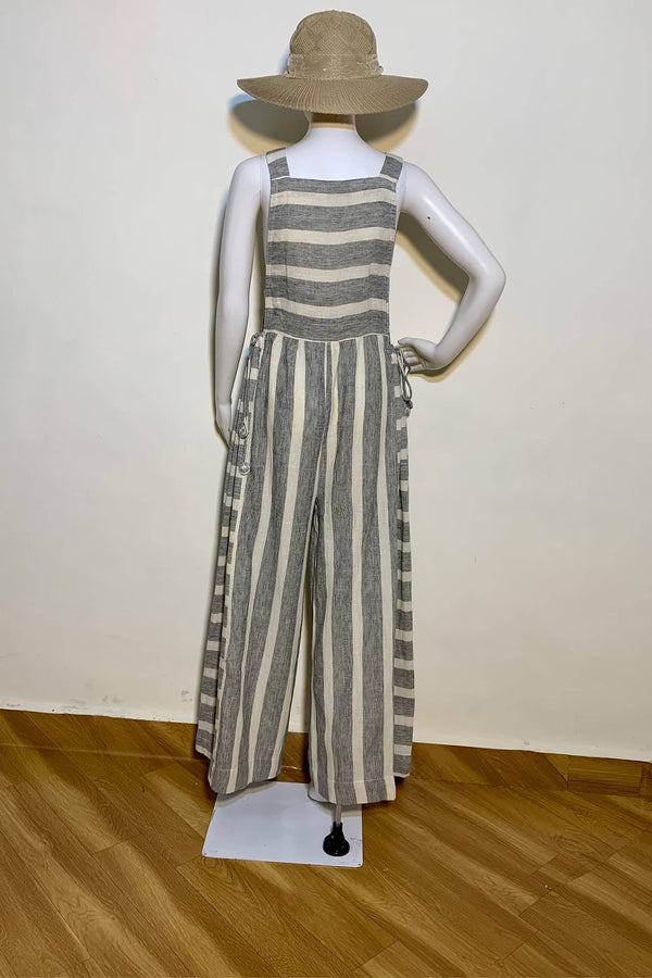 Dungaree Dress- Off-white Stripe Organic Pocketed Panelled Comfy Fit 