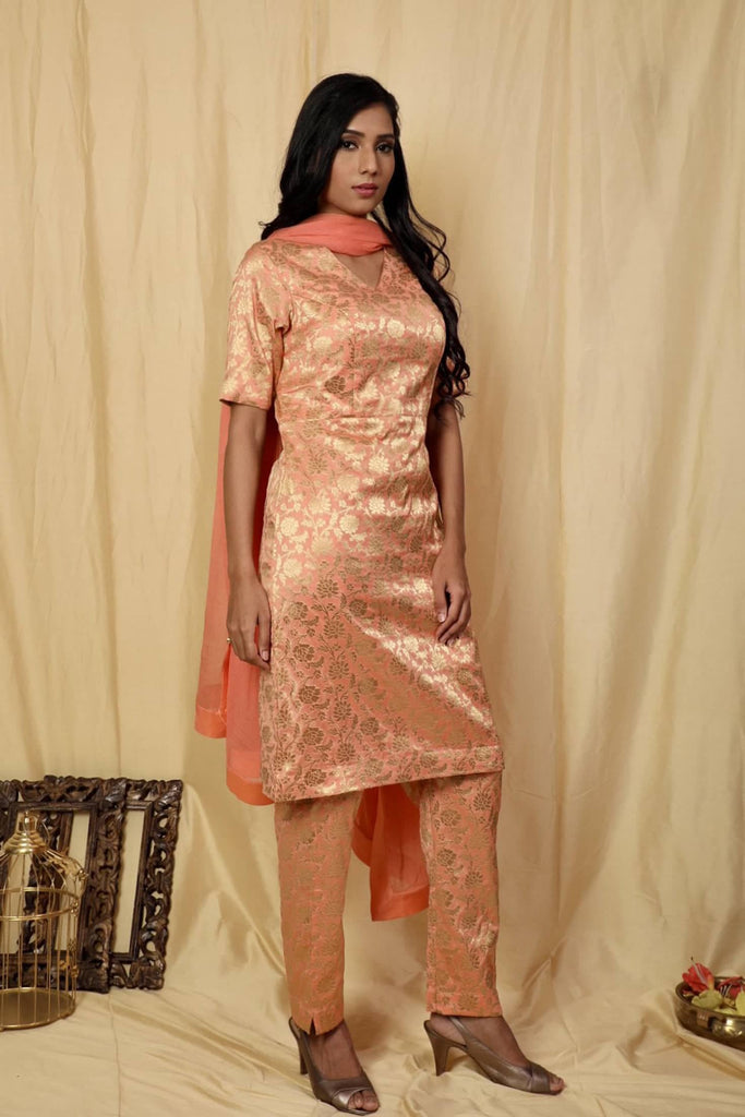 Petal Pink Soft Peplum Style Banarasi Kurta Top with Tiered Sharara Pants -  Seasons India