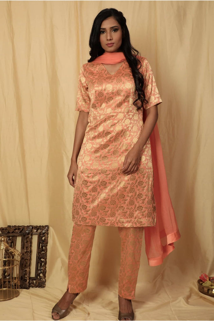 Pure dola silk kurta with exquisite handwork on neck and sleeves, paired  with pants & banarasi