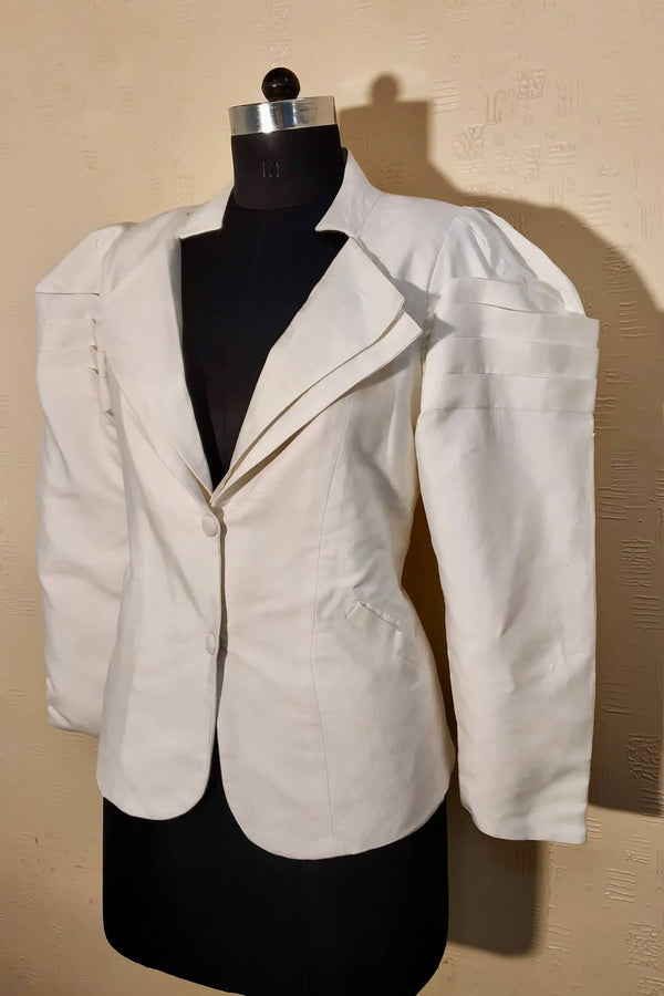 White Tussar Silk Puffed Sleeved Smart Jacket for Formal Wear